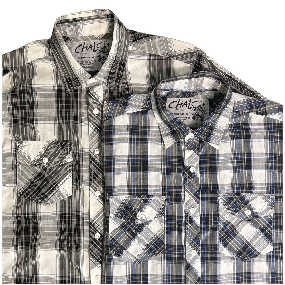 Lot of Two Chalc Men's Size Medium‎ Black Plaid Short Sleeve Button Down Shirts